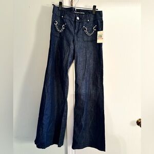 Michael Kors Women's Blue Wash Flare Jeans with Pocket Chain Detail